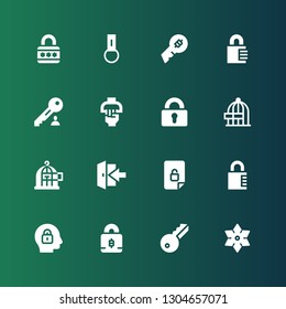 unlock icon set. Collection of 16 filled unlock icons included Shuriken, Key, Padlock, Lock, Unlocked, Login, Freedom, Handle, Key chain