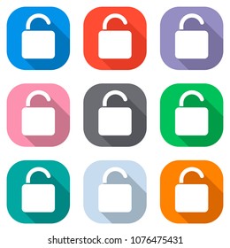 unlock icon. Set of white icons on colored squares for applicati