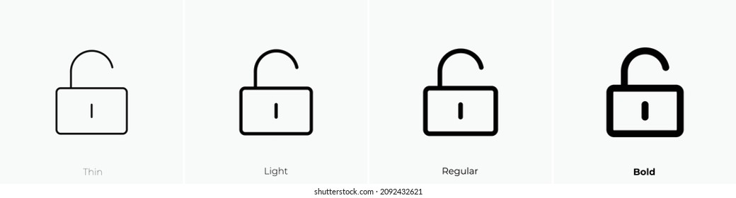 unlock icon. Thin, Light Regular And Bold style design isolated on white background