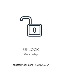 Unlock icon. Thin linear unlock outline icon isolated on white background from geometry collection. Line vector sign, symbol for web and mobile