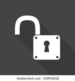 unlock icon - vector illustration with long shadow isolated on gray 