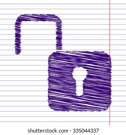 Unlock icon - vector illustration with pen and school paper effect 