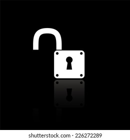unlock icon - vector illustration with reflection isolated on black