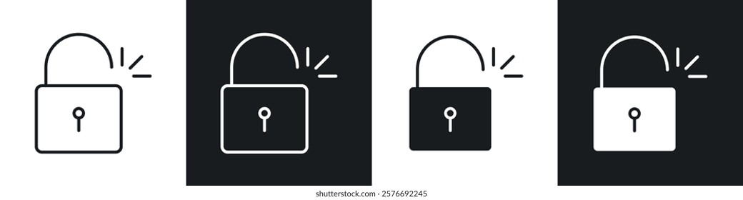 Unlock icons collection in black and white solid and line style