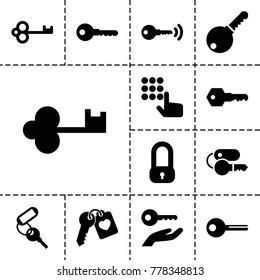 Unlock icons. set of 13 editable filled unlock icons such as key, lock, hand on atm, heart key