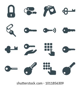 Unlock icons. set of 16 editable filled unlock icons such as key, lock, hand on atm, heart key
