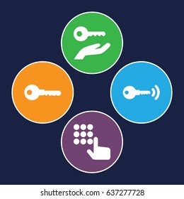 Unlock icons set. set of 4 unlock filled icons such as key, key on hand