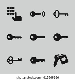 Unlock icons set. set of 9 unlock filled icons such as key, heart key
