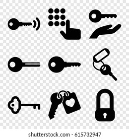 Unlock icons set. set of 9 unlock filled icons such as heart key, key on hand, lock