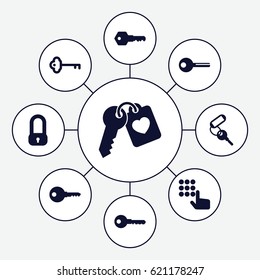 Unlock icons set. set of 9 unlock filled icons such as key, heart key, lock