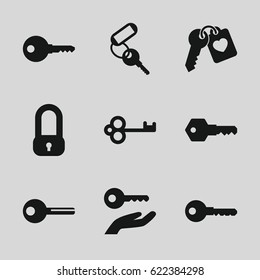 Unlock icons set. set of 9 unlock filled icons such as key, heart key, key on hand