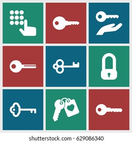 Unlock icons set. set of 9 unlock filled icons such as key, heart key, key on hand, lock