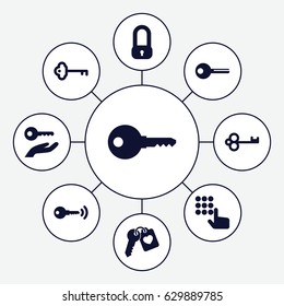 Unlock icons set. set of 9 unlock filled icons such as heart key, key, key on hand, lock