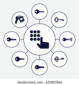 Unlock icons set. set of 9 unlock filled icons such as key, heart key