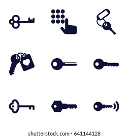Unlock icons set. set of 9 unlock filled icons such as key, heart key