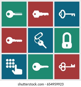 Unlock icons set. set of 9 unlock filled icons such as key, lock