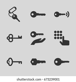 Unlock icons set. set of 9 unlock filled icons such as key, key on hand