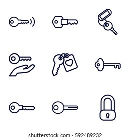 unlock icons set. Set of 9 unlock outline icons such as key, heart key, lock