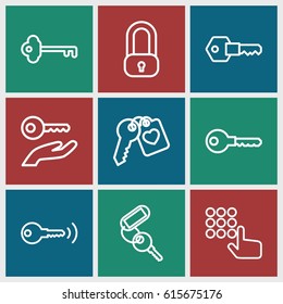 Unlock icons set. set of 9 unlock outline icons such as key, heart key, lock, key on hand
