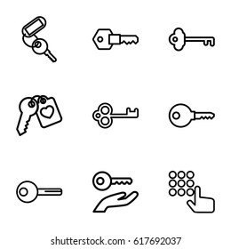 Unlock icons set. set of 9 unlock outline icons such as key, heart key, key on hand