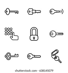 Unlock icons set. set of 9 unlock outline icons such as key, lock