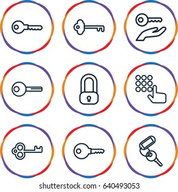 Unlock icons set. set of 9 unlock outline icons such as key, lock, key on hand