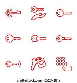 Unlock icons set. set of 9 unlock outline icons such as key, heart key, key on hand
