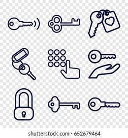 Unlock icons set. set of 9 unlock outline icons such as key, heart key, lock, key on hand