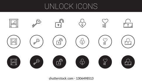 unlock icons set. Collection of unlock with access, key, lock, padlock, unlocked. Editable and scalable unlock icons.