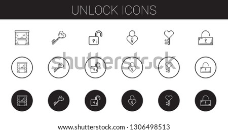 unlock icons set. Collection of unlock with access, key, lock, padlock, unlocked. Editable and scalable unlock icons.