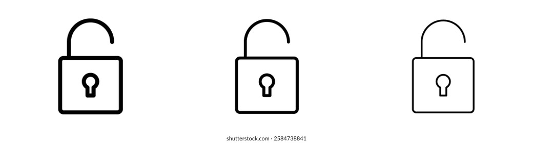 Unlock icons in three different stroke lines