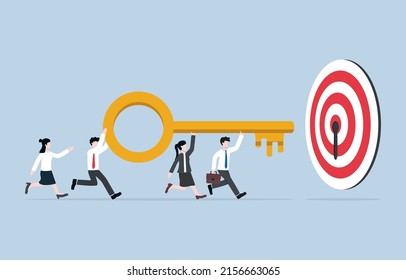 Unlock idea for achieving target in business team, team development to find key of success, collaboration concept. Colleagues helping each other to bring golden key to unlock target completely.
