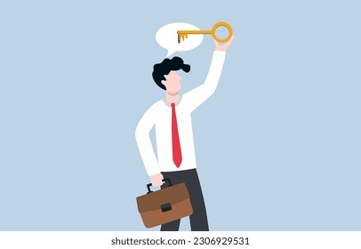 Unlock idea and explore potential, development of 
thinking, discover creativity to achieve in career or business concept, Businessman inserting key to keyhole of thought bubble.