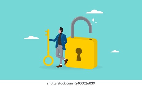 unlock illustration with businessman holding golden key, business problem solution, key to successful business or open business accessibility, solve business problem concept vector illustration
