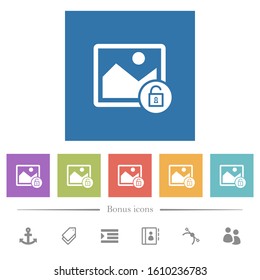 Unlock image flat white icons in square backgrounds. 6 bonus icons included.