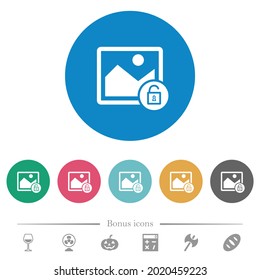 Unlock image flat white icons on round color backgrounds. 6 bonus icons included.