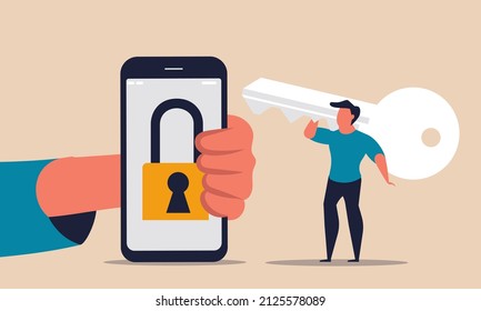 Unlock internet with key on phone and confidential secret blocked. Private finance data and guard vector illustration concept. Mobile identify and access cyber datum drawing. Network firewall safety