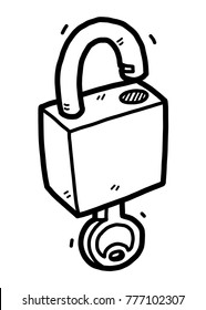 unlock key / cartoon vector and illustration, black and white, hand drawn, sketch style, isolated on white background.