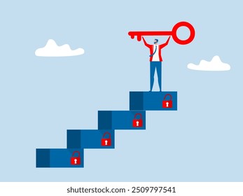 Desbloquear sucesso chave, empresário vencedor andar até o topo da escada levantando chave de sucesso dourada para o céu com chave secreta ou alcançar o conceito alvo da carreira, vetor