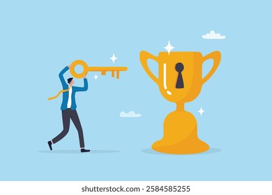 Unlock key to success, solution to achieve winning opportunity, chance or challenge, ambition or motivation to succeed in life, hard work, businessman with key to success to unlock winning trophy.