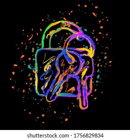 unlock and keys icon. Colored ink with splashes on black background