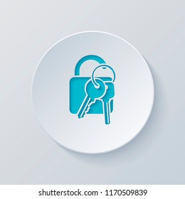 unlock and keys icon. Cut circle with gray and blue layers. Paper style