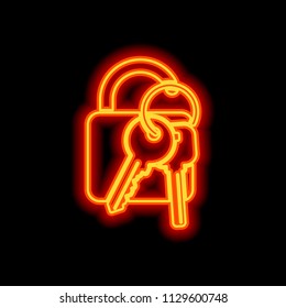 unlock and keys icon. Orange neon style on black background. Light icon