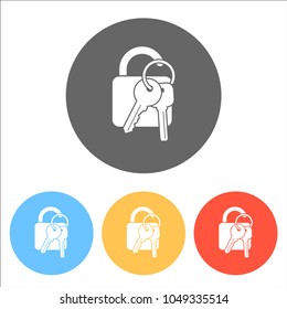 unlock and keys icon. Set of white icons on colored circles
