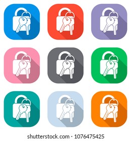 unlock and keys icon. Set of white icons on colored squares for 