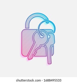 icono de desbloqueo y teclas. Logo tecnológico con líneas diagonales y degradado de color. Imagen neón, efecto claro. Color azul y rojo
