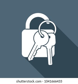 unlock and keys icon. White flat icon with long shadow on background