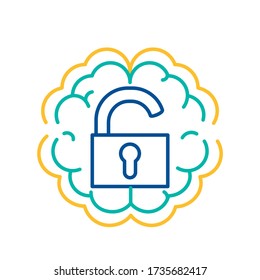 Unlock Lock Icon on Human Brain Background, Extrovert Temperament Type or Open Access Sign. Padlock Security Sign Thin Line Vector Illustration. Data and Privacy Protection Symbol Design