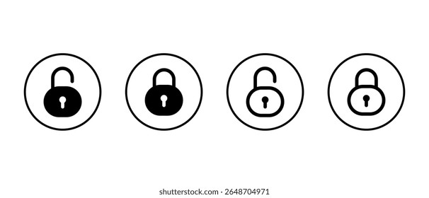 Desbloquee y bloquee el conjunto de iconos dentro del contorno circular. Símbolo de candado de seguridad. Signo de protección de datos