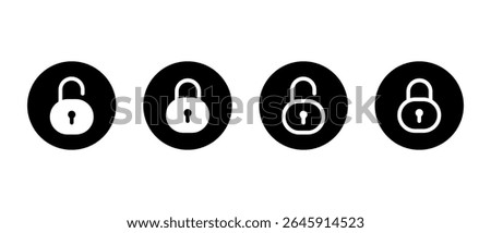 Unlock and lock icon set on black circle. Security padlock symbol. Data protection sign